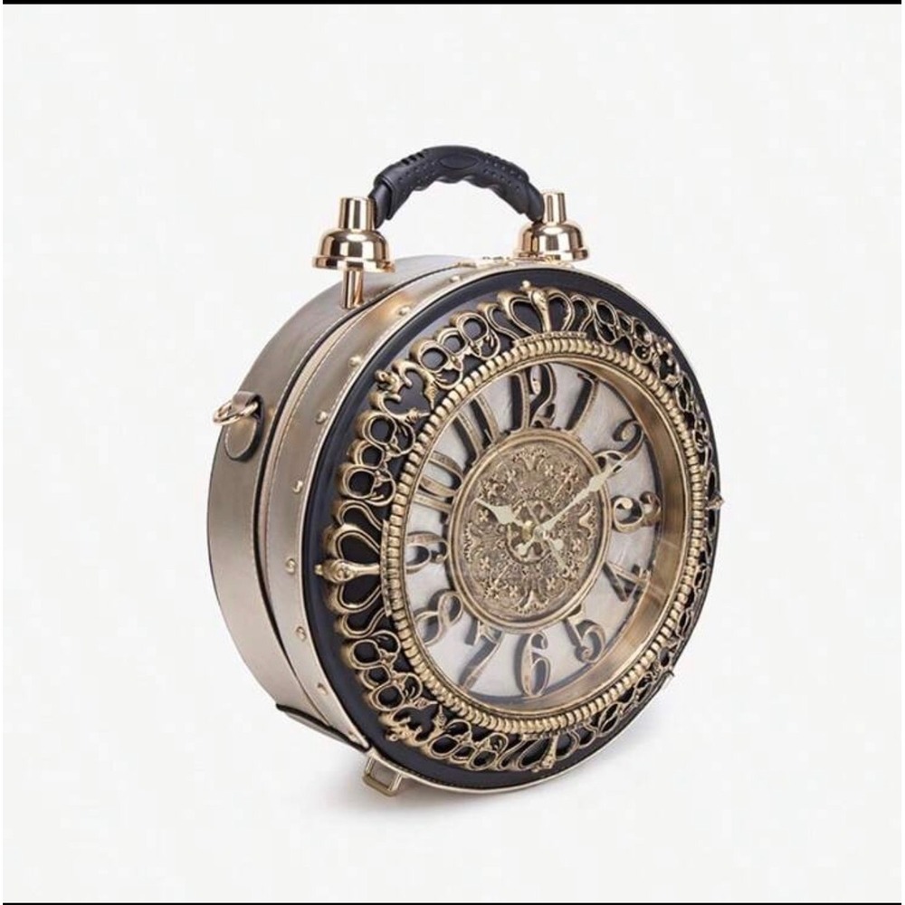 Steampunk Clock Purse Gold‎ Black Round Crossbody Bag Vintage Style Handbag